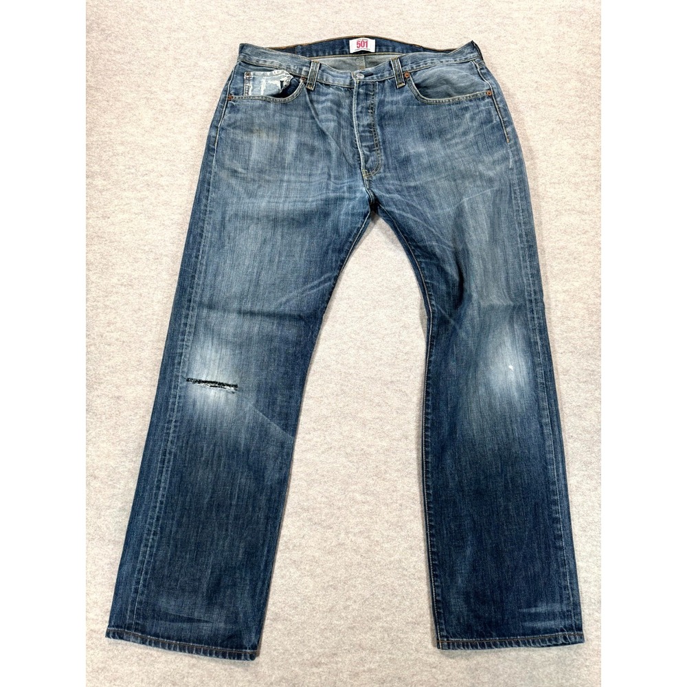 Levis 501 Button Fly Jeans Mens 38x32 Blue Denim Logo Straight Leg Medium Wash
